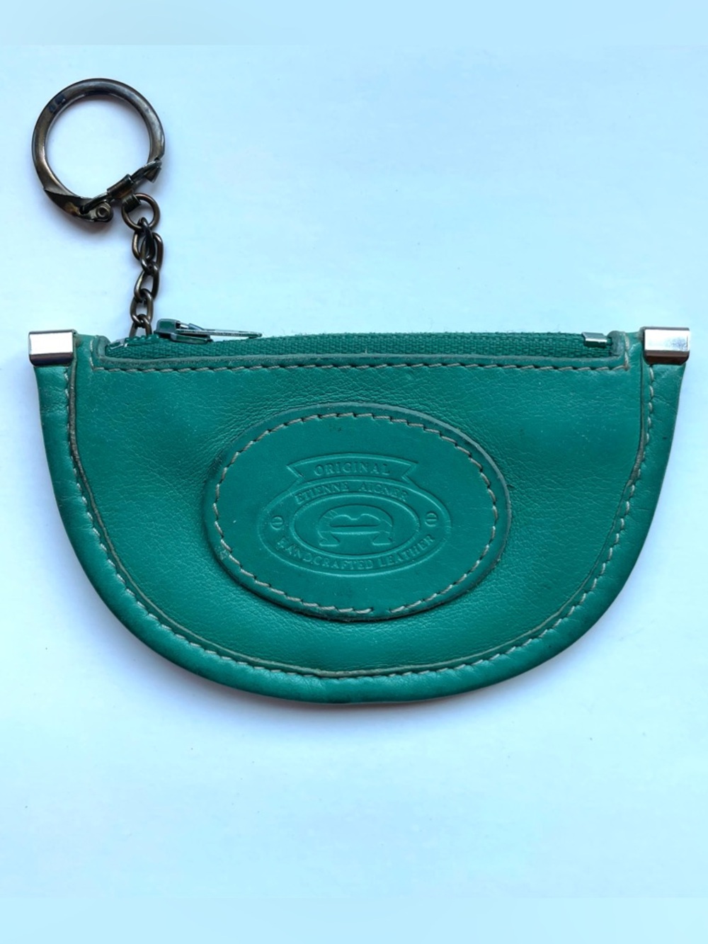 Etienne Aigner vintage teal leather 2 zip keychain coin purse embossed logo